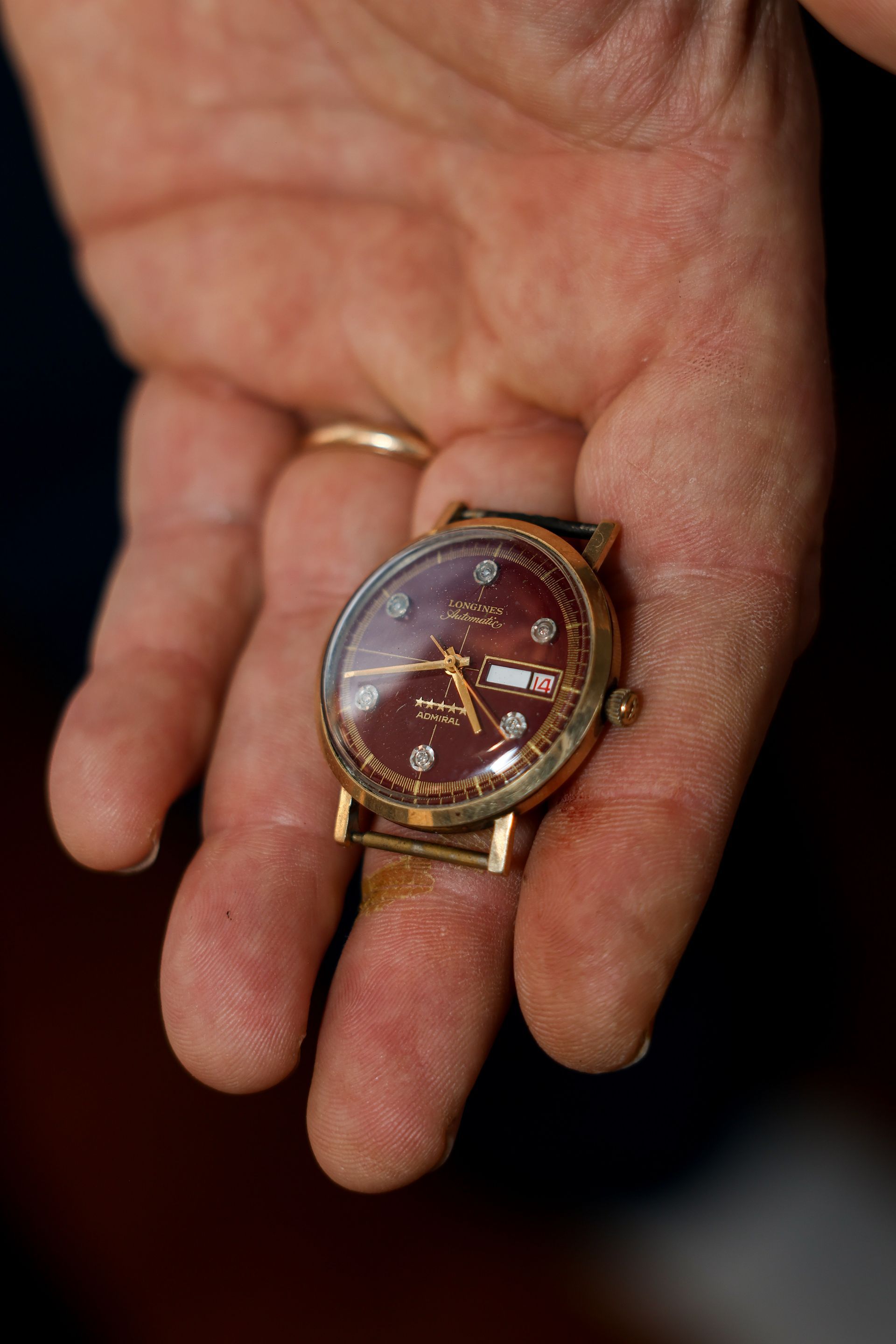 A person's hand holds a gold-colored wristwatch with a burgundy face.