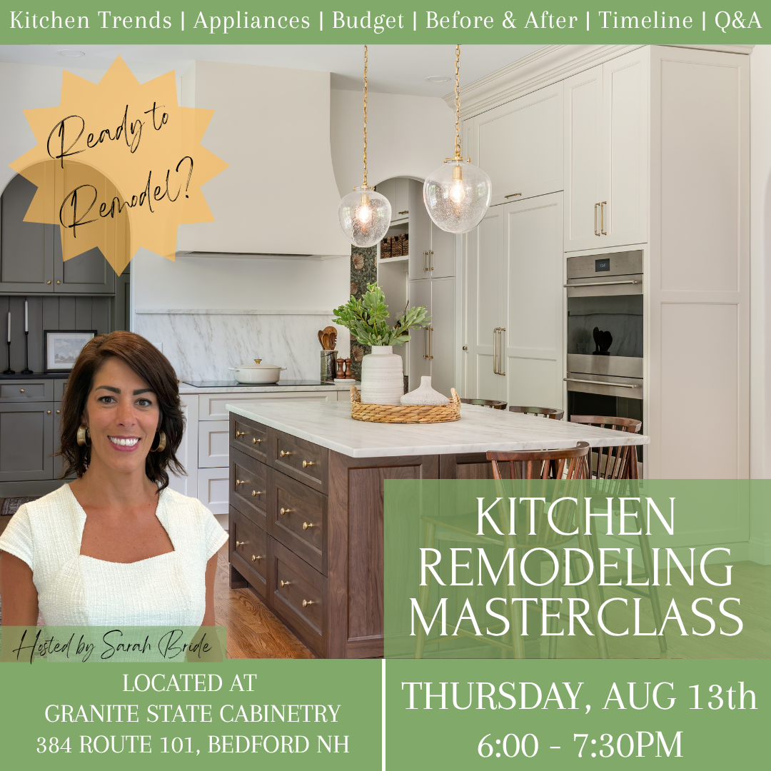 Outdoor kitchen masterclass flyer with stainless grill, cabinets, and event details over a deck and backyard scene