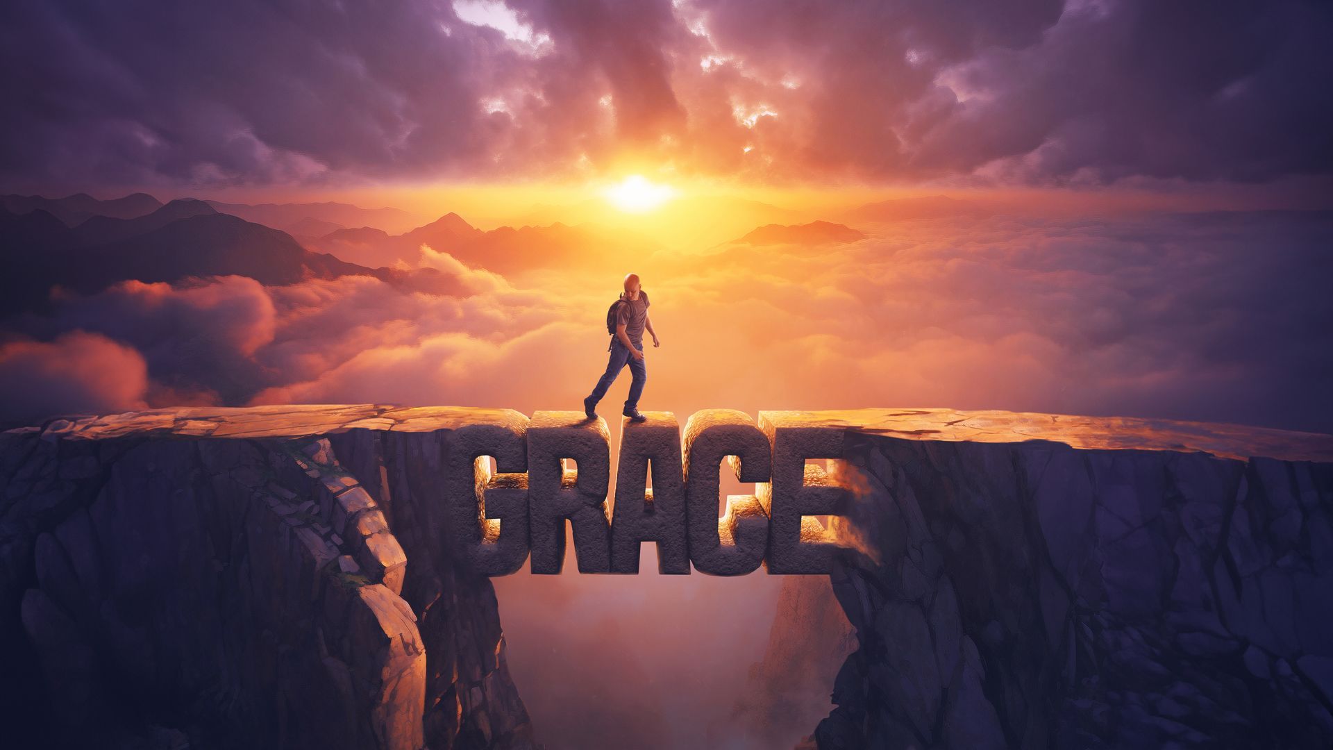 A man is standing on the edge of a cliff overlooking the word grace.