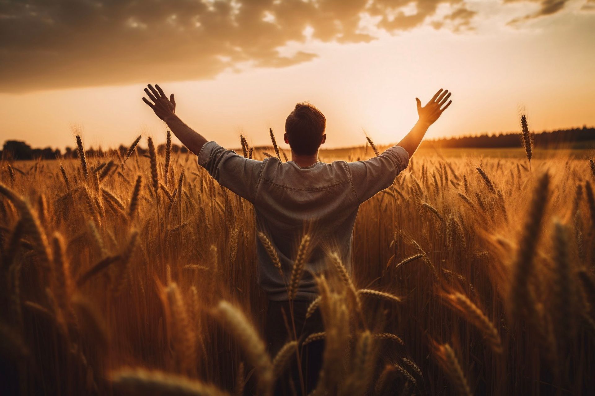 A man is standing in a field of wheat with his arms outstretched.