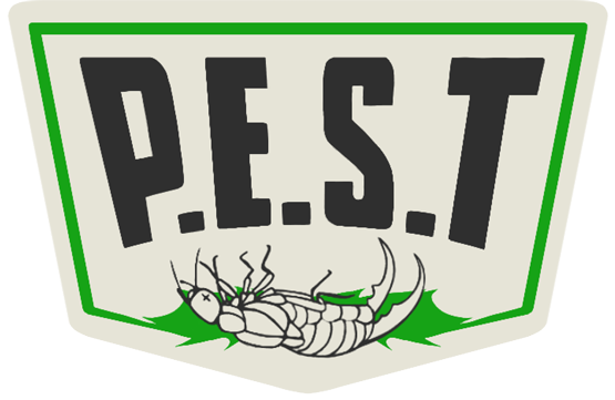 A logo for pest with a bug on it