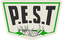 A logo for pest with a bug on it