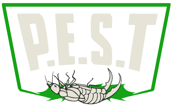 A logo for p.e.s.t. with a bug on it
