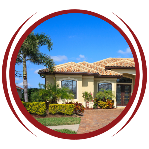 A house in a circle with a palm tree in front of it