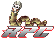 A logo for rpg with a cartoon worm wearing a helmet