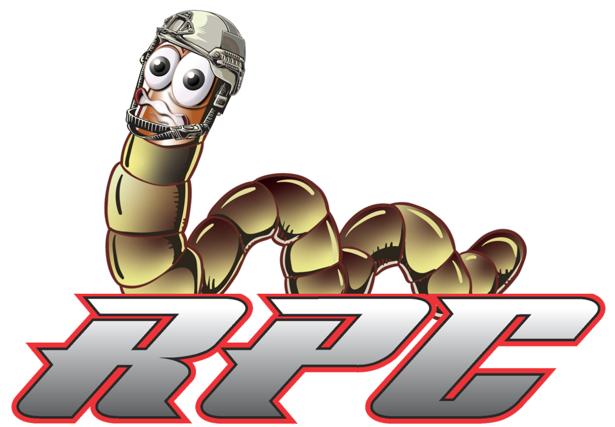 A logo for rpg with a worm wearing a helmet