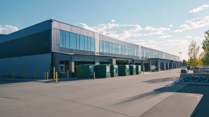 Modern industrial warehouse with loading docks and green doors under a clear sky