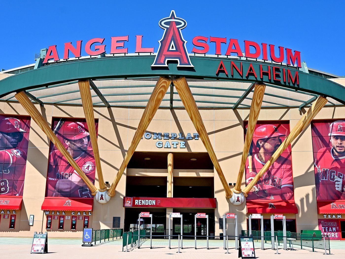 Angel Stadium in Anaheim, California with large red 