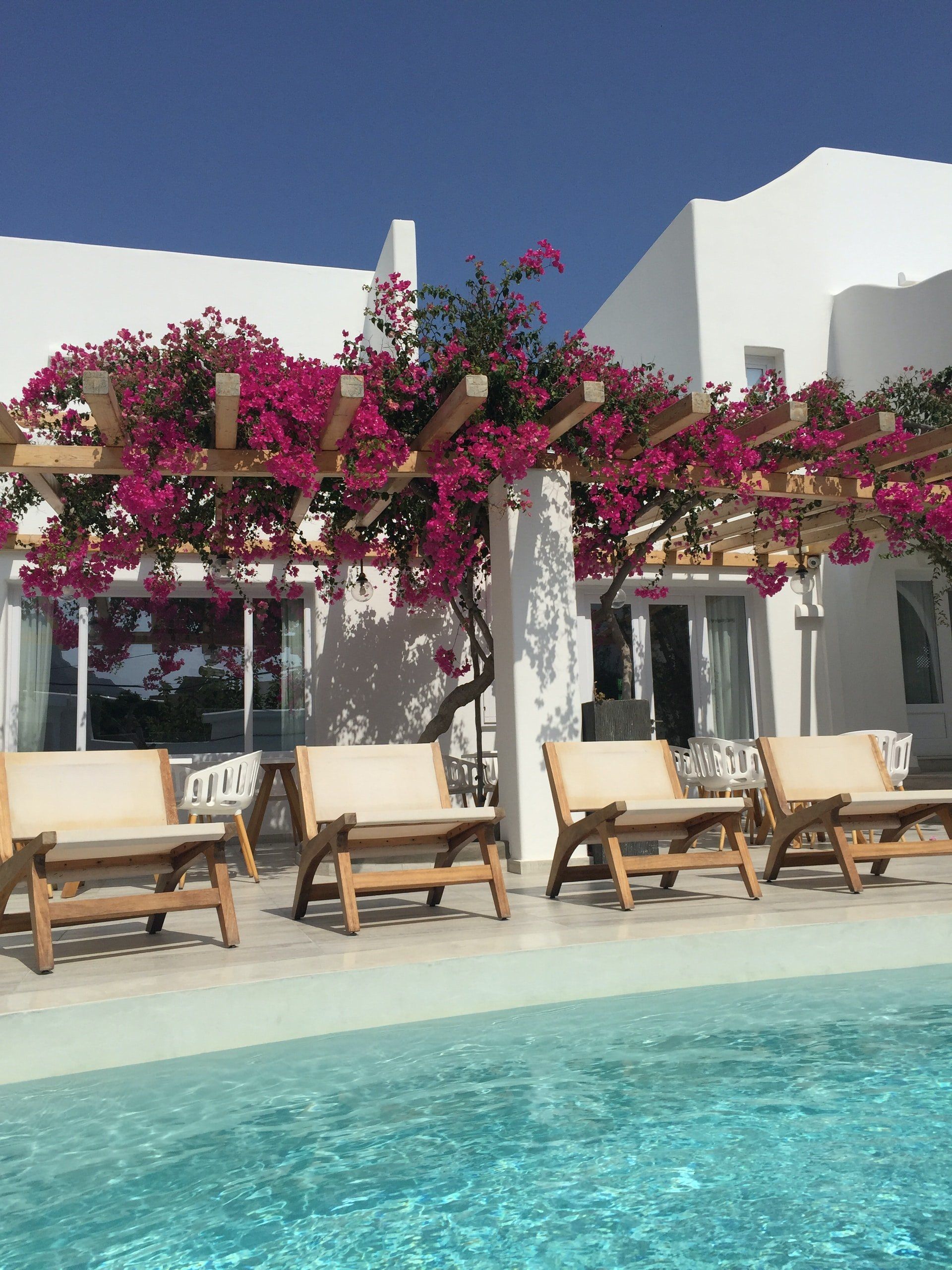 Poolside patio with white building, pink bougainvillea on pergola, wooden chairs, and blue pool.