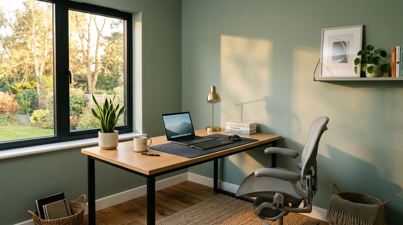 Home office with a desk, laptop, chair, lamp, and large window overlooking a garden.