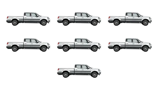 A row of white pickup trucks in different positions on a white background.