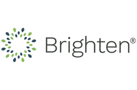 The brighten logo has a green and blue circle with leaves around it.