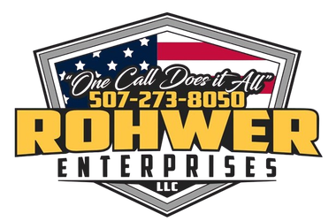 A logo for rohwer enterprises llc with an american flag