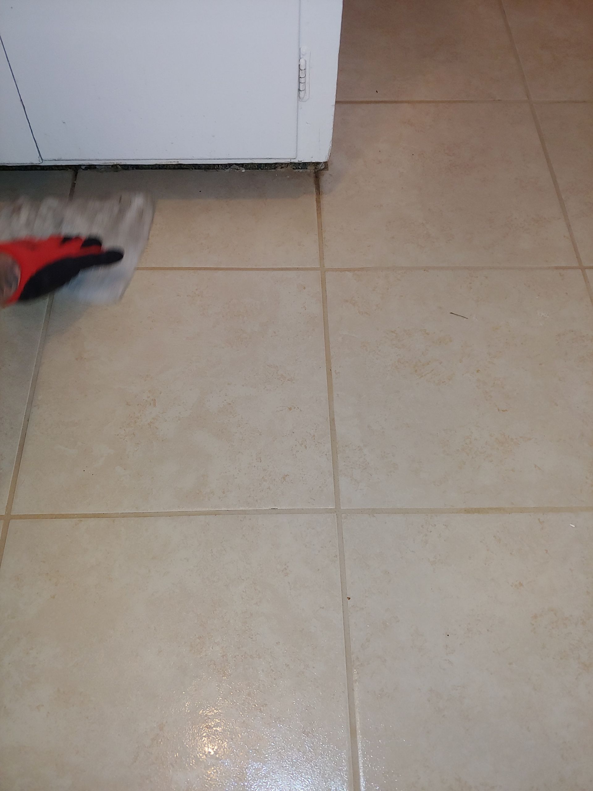 A person is cleaning a tiled floor with a mop.