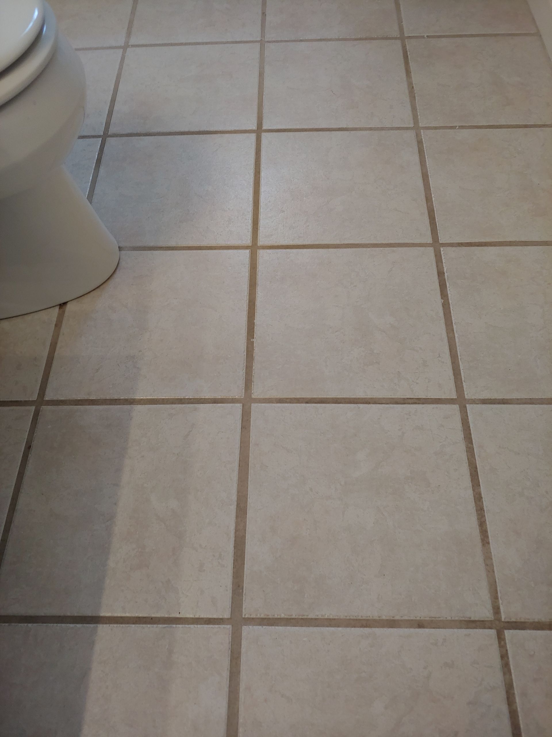 A toilet sits next to a tiled floor in a bathroom