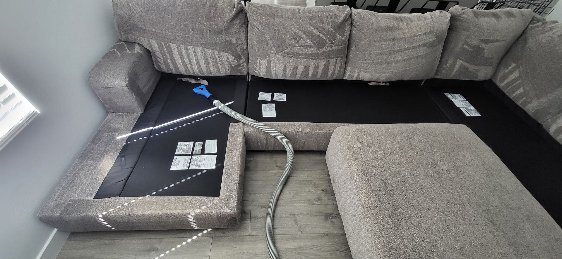 Professional cleaner diligently vacuuming and cleaning the couch in the living room.