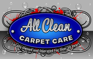 The logo for all clean carpet care is blue and white