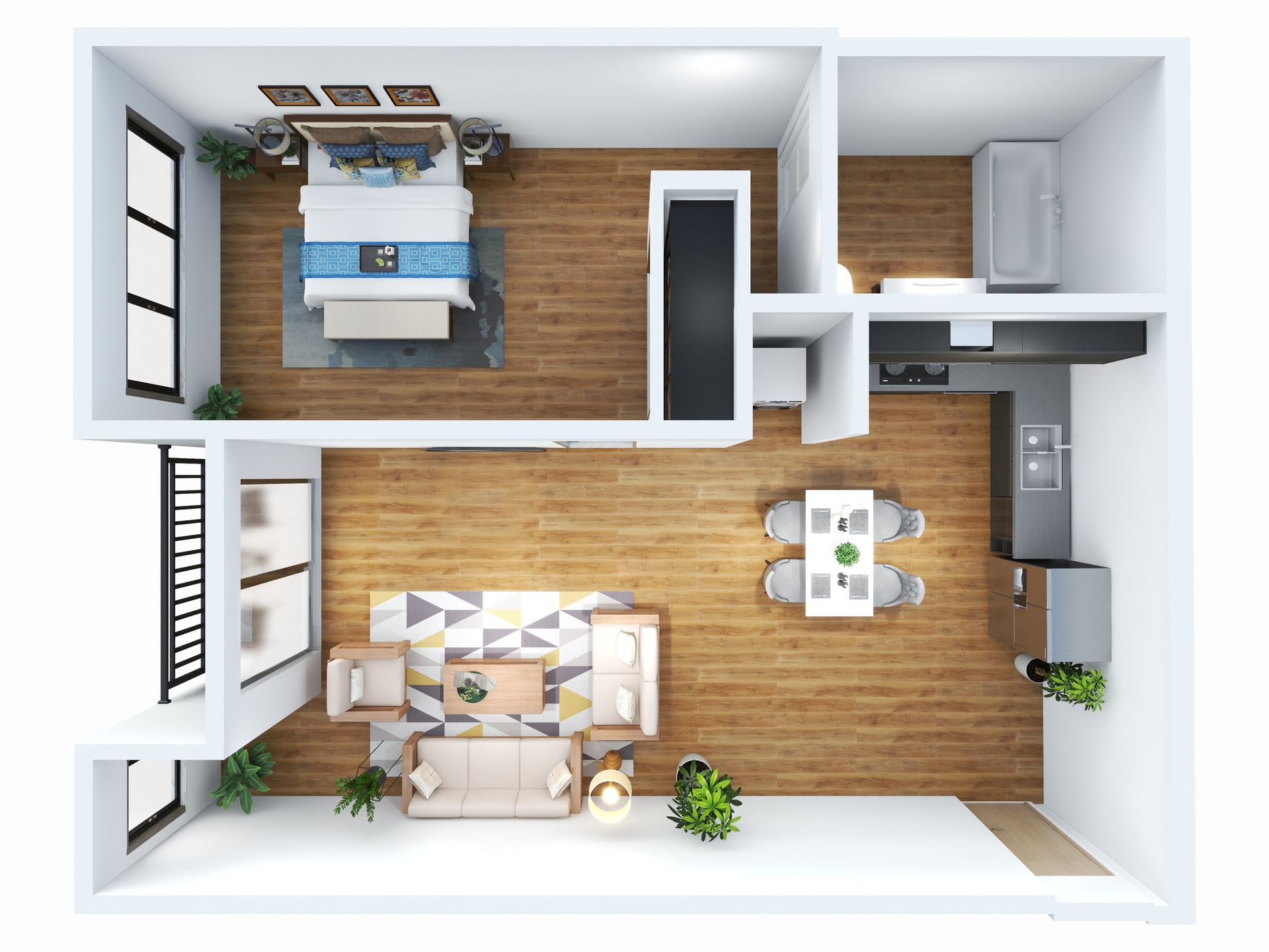 a digitally staged and 3D rendered top view image floor plan of Unit A4 at The Centennial Apartments