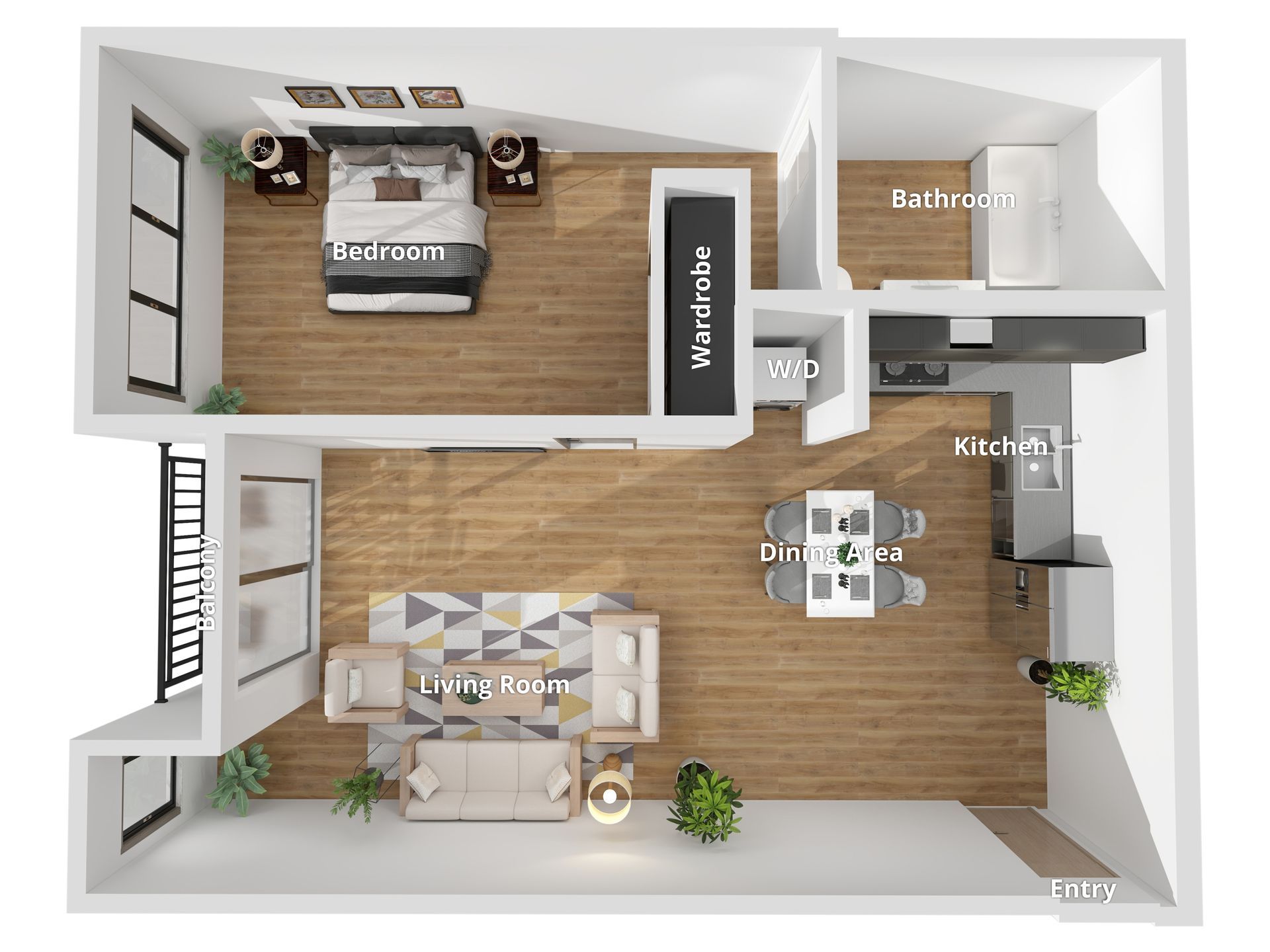 a digitally staged and 3D rendered top view image floor plan of the 1-bedroom units at Cloud Nine Luxury Apartments in Los Angeles