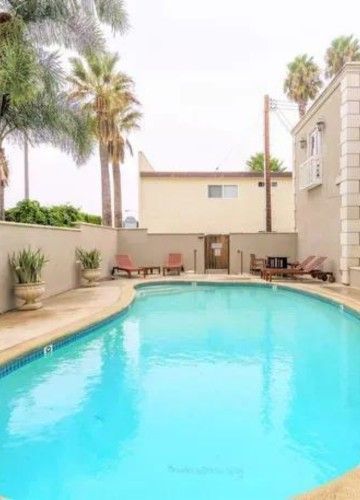 A serene outdoor pool area surrounded by lounge chairs, palm trees, and beige walls.
