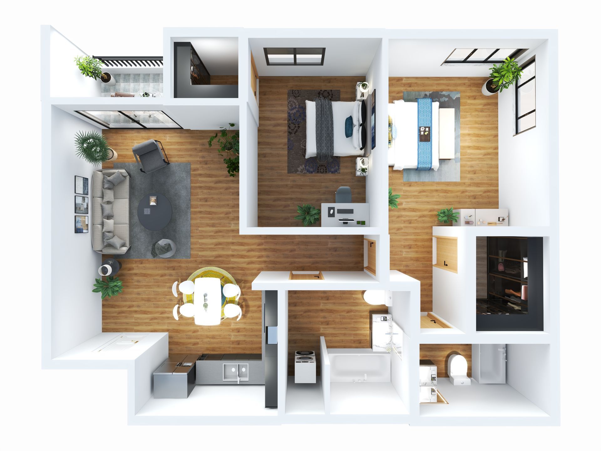 a digitally staged and 3D rendered top view image floor plan of Unit A4 at The Centennial Apartments