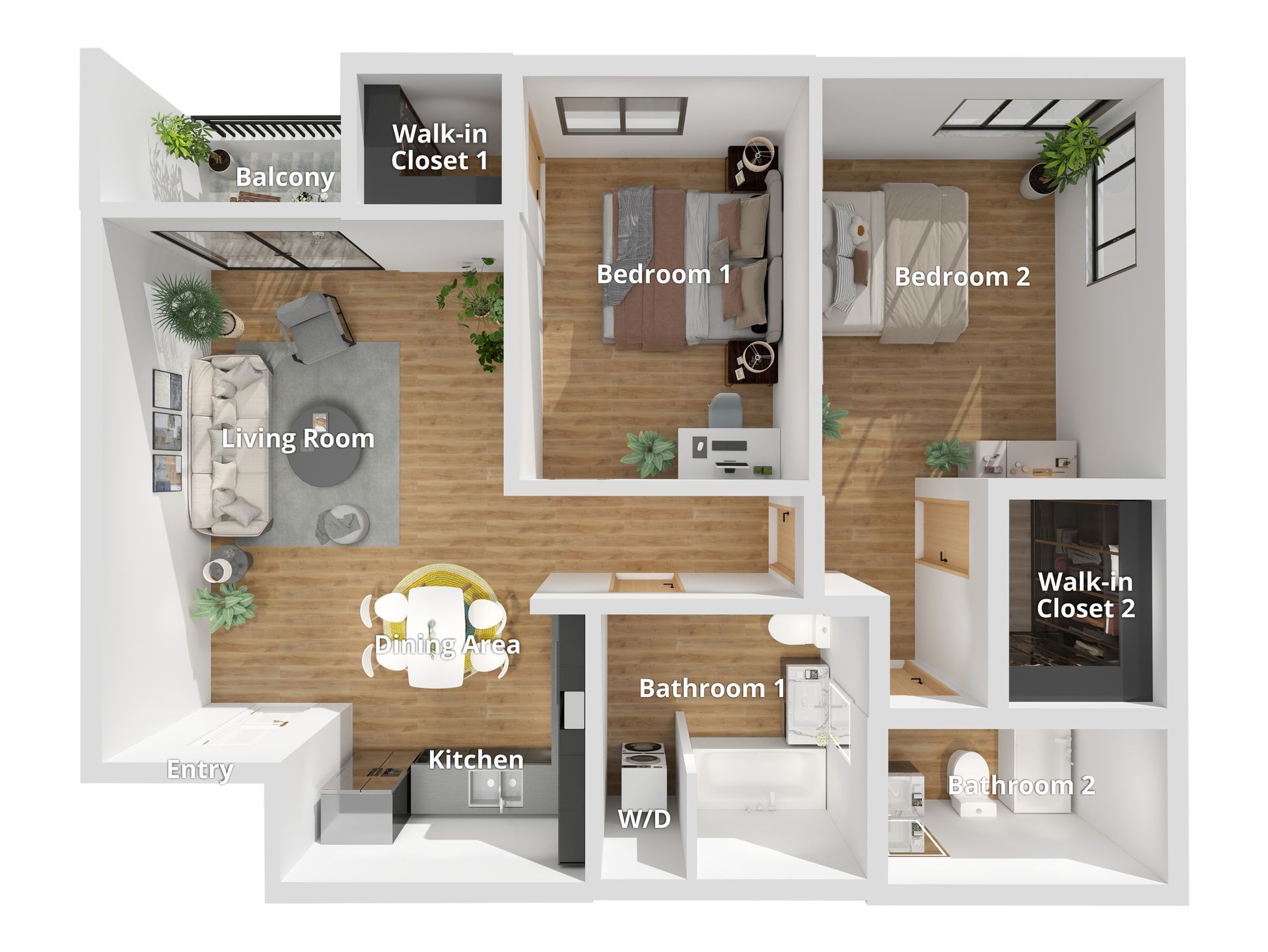 a digitally staged and 3D rendered top view image floor plan of the 2-bedroom units at Cloud Nine Luxury Apartments in Los Angeles