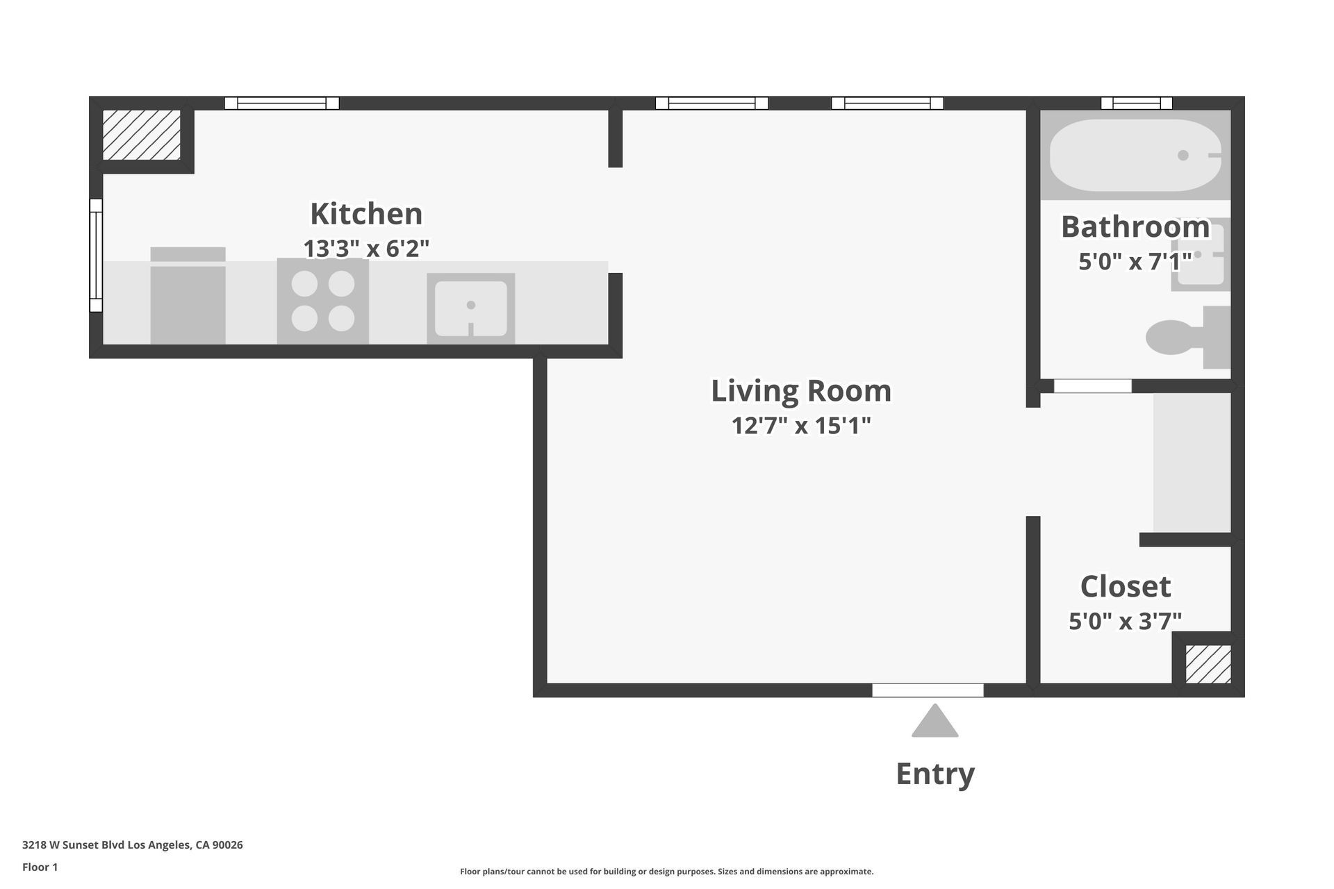 The charming and bright studio unit floor plan at Ansley Apartments