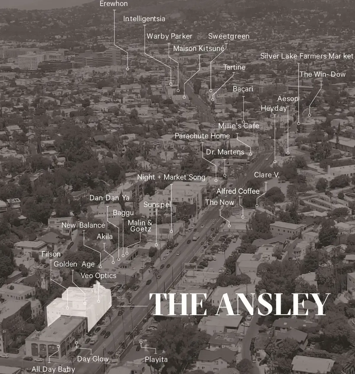 An aerial image of the neighborhood and modern conveniences surrounding the Ansley Apartments at Sunset Strip