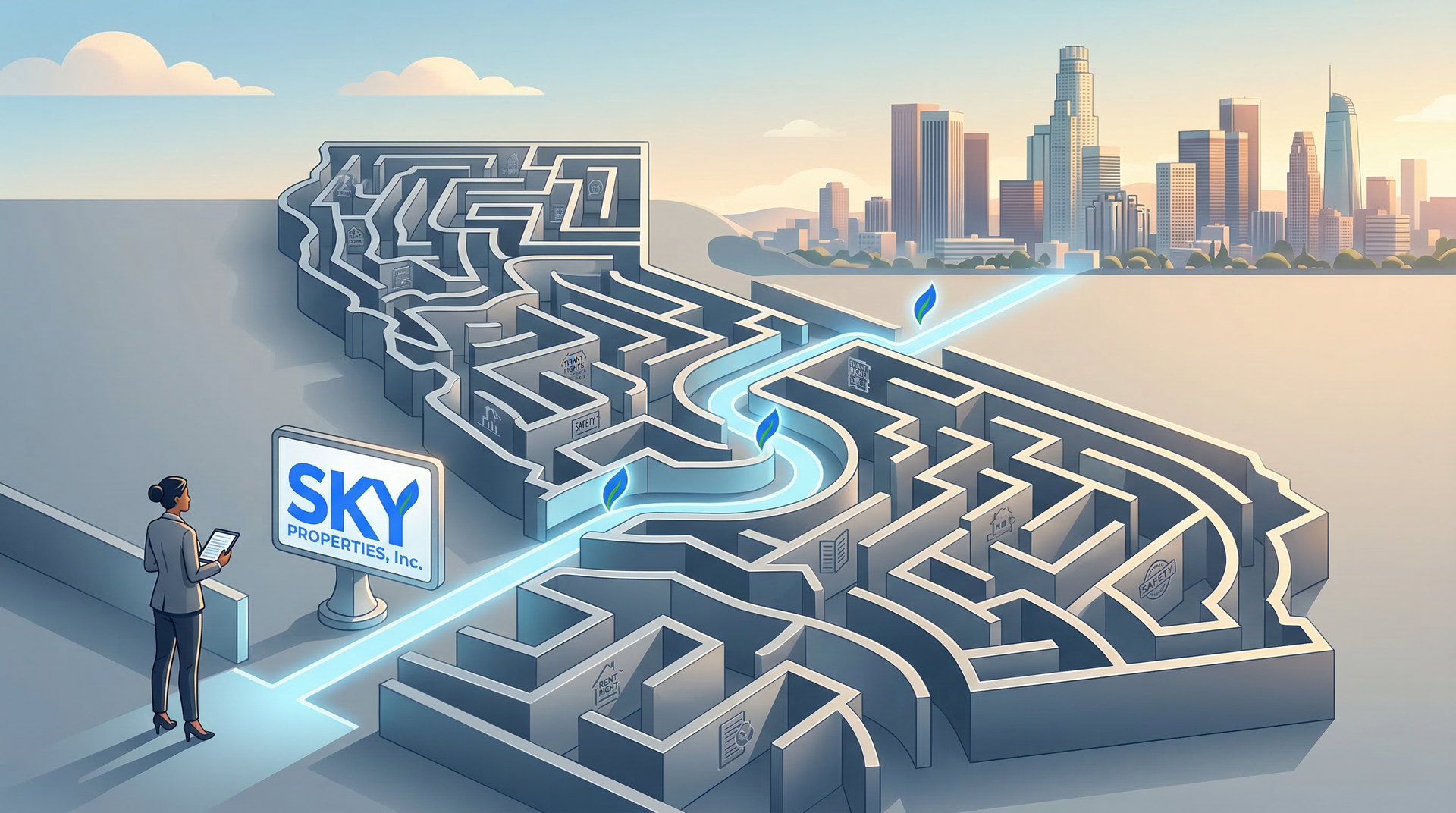 California rental housing compliance and regulatory complexity concept Property owner navigating a California compliance maze guided by SKY Properties.