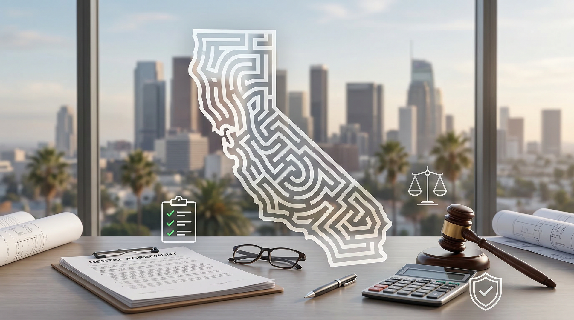 California rental housing compliance concept with maze map and legal desk.