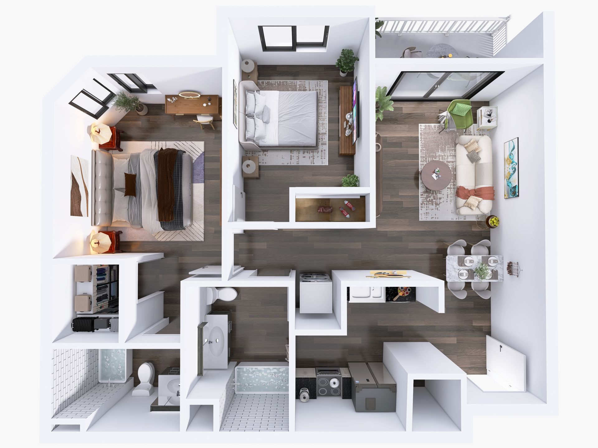a  digitally staged 3d floor plan of a 2-bedroom  unit at the centennial in toluca lake