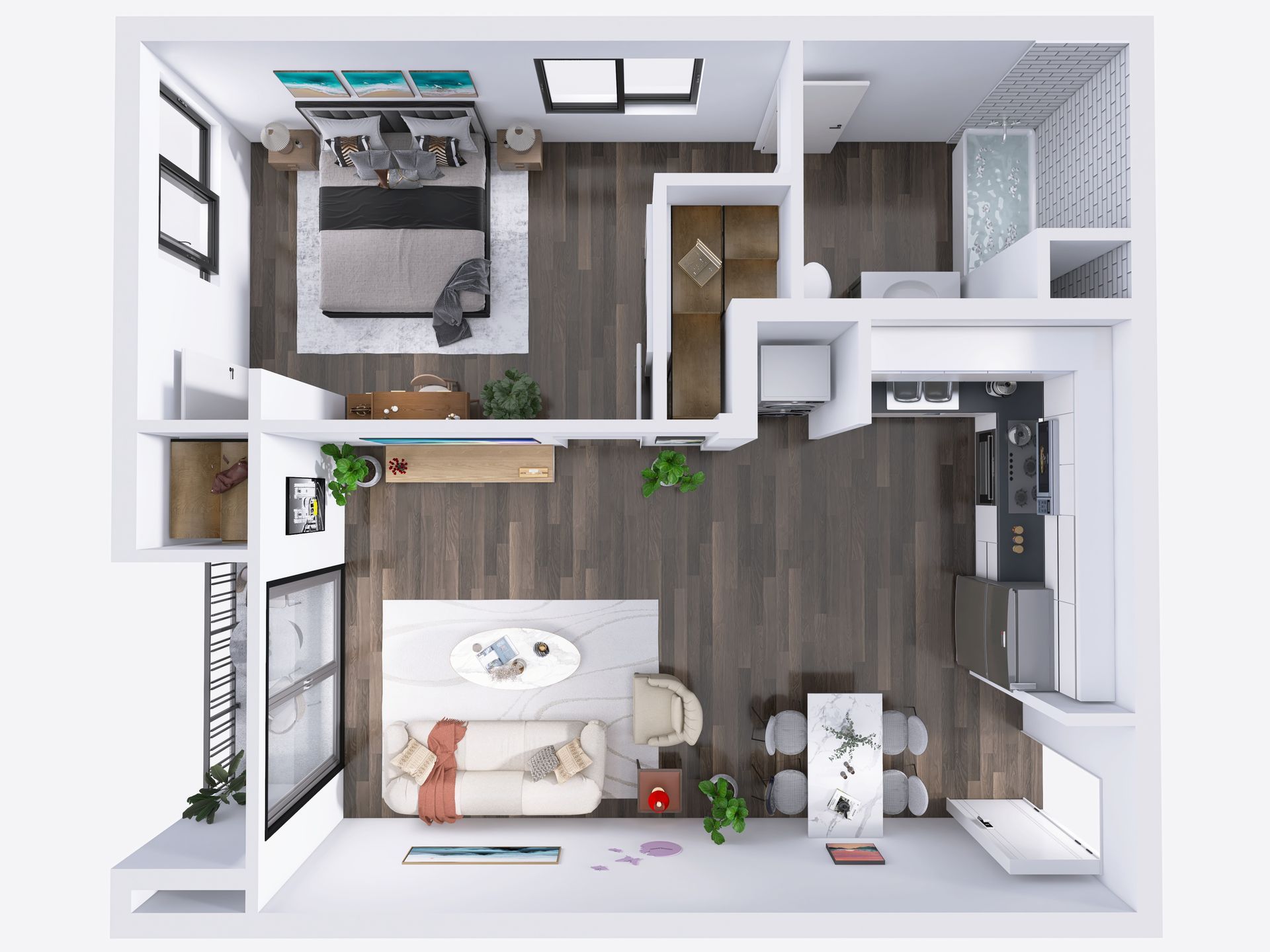 a 3d floor plan visual of a digitally staged 1-bed unit at the centennial in toluca lake