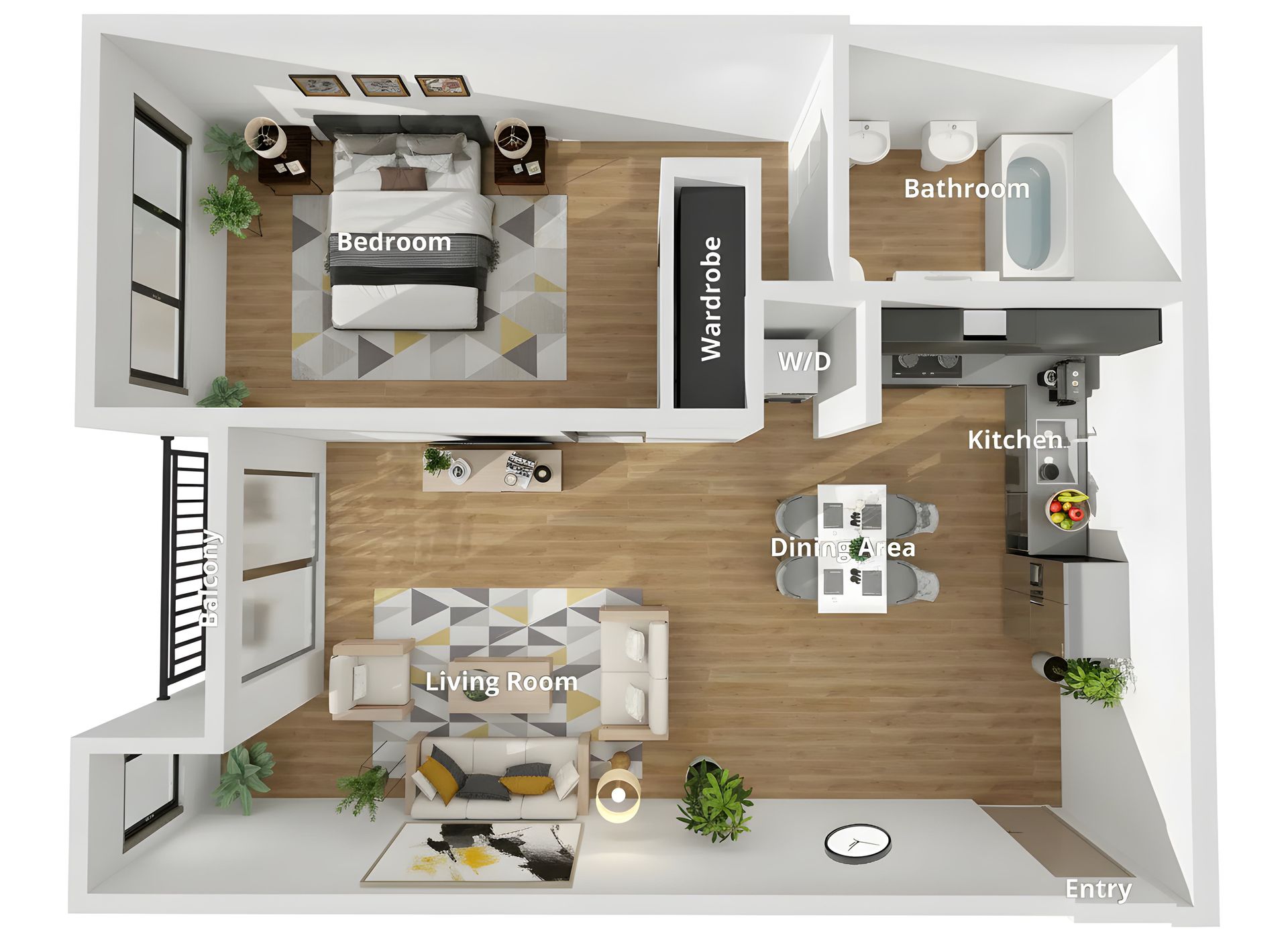 a digitally staged and 3D rendered top view image floor plan of the 1-bedroom units at Cloud Nine Luxury Apartments in Los Angeles