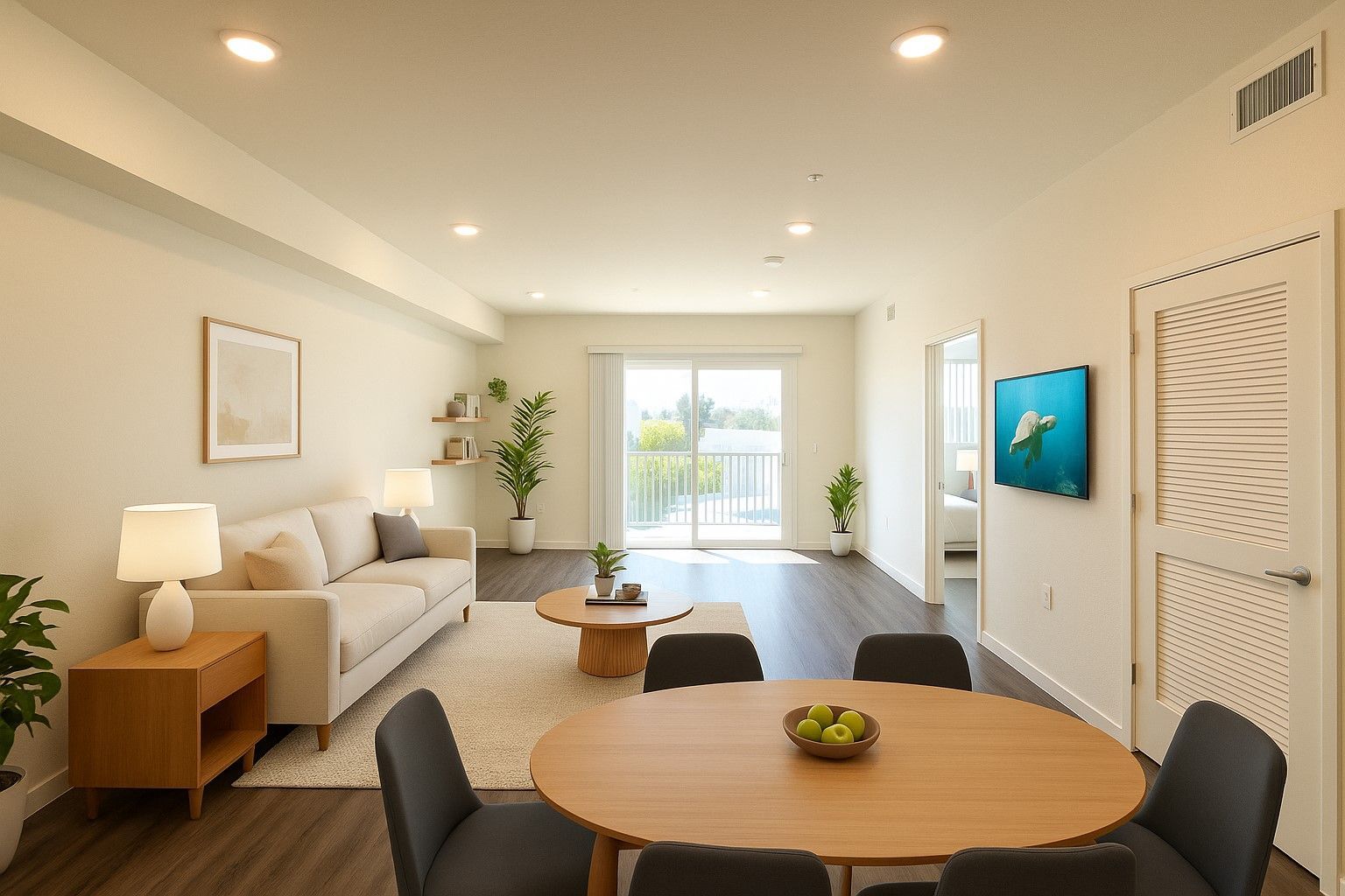 photo of The Centennial's cozy and bright bedroom with a bed, side table and windows with opened blinds