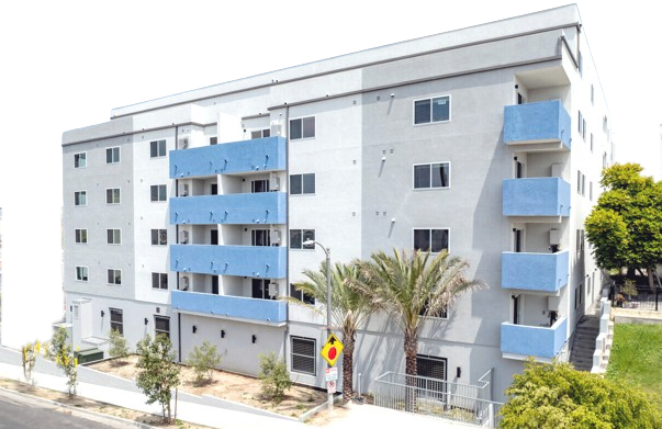 The Hobart Apartments modern building facade with landscaped walkway