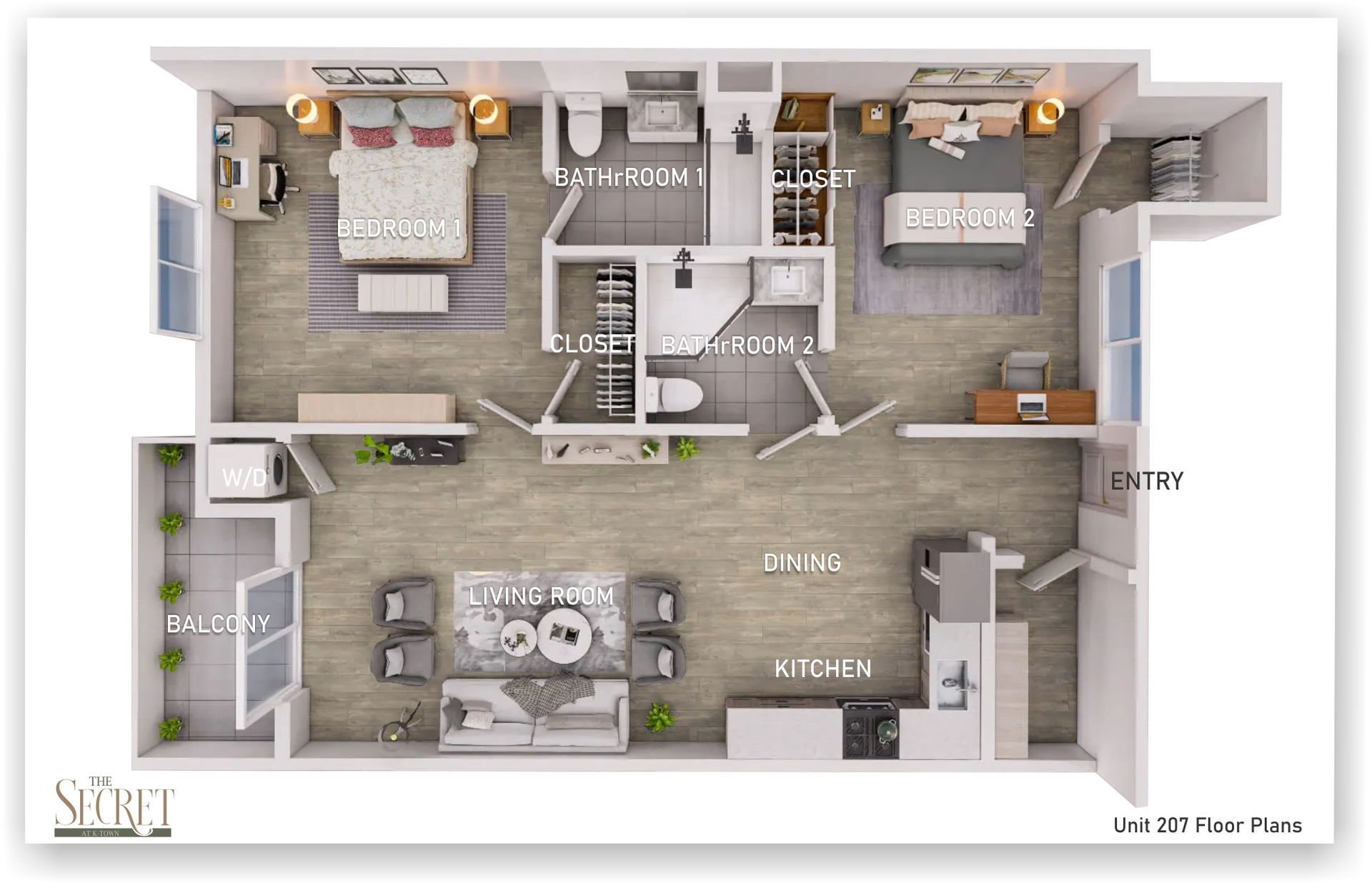 Open layout floor plan for 2-bedroom unit at The Secret in K-Town Luxury Apartments, Los Angeles