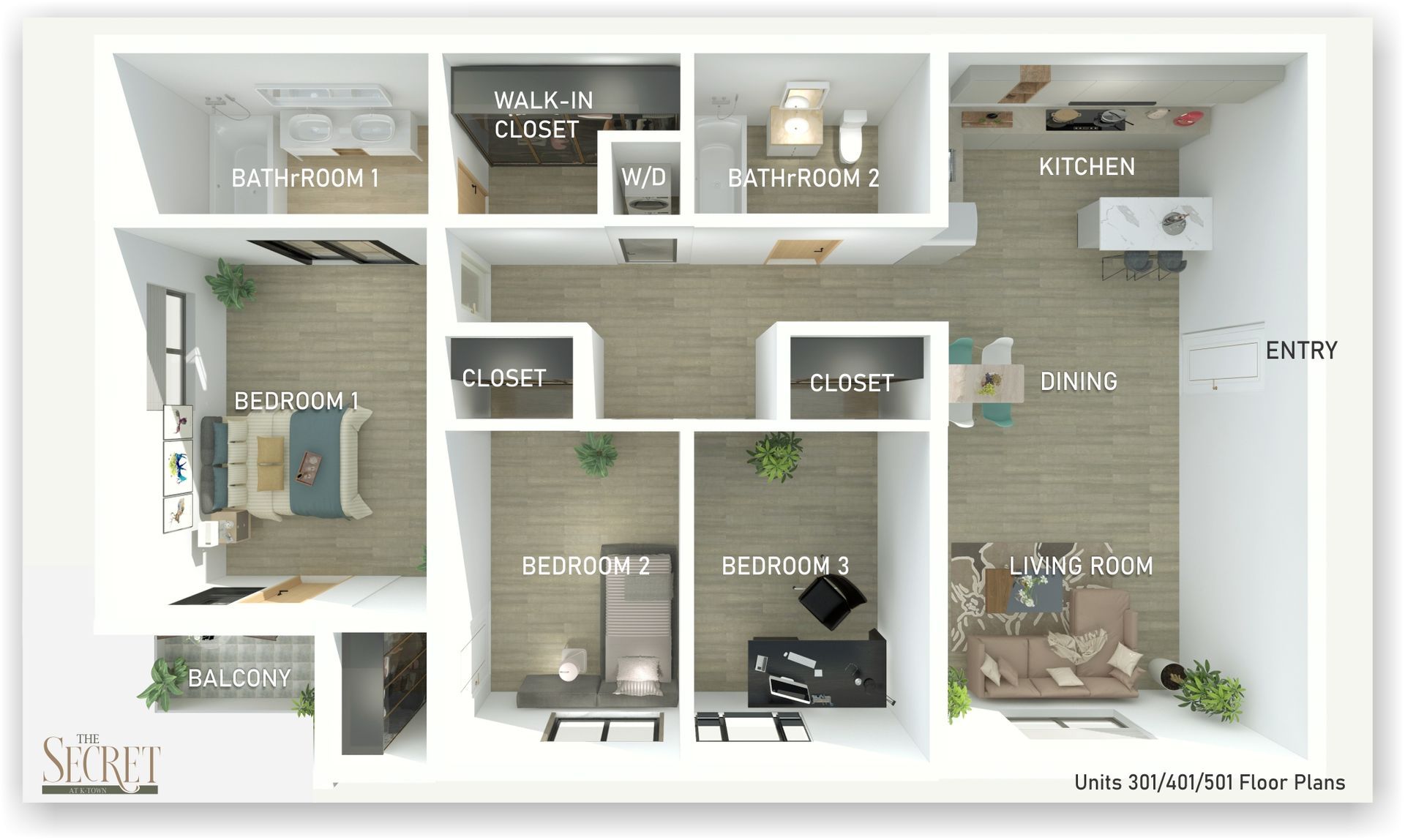 Floor plan image of a 3-bedroom, 2-bath unit at The Secret in K-Town Luxury Apartments in Los Angeles