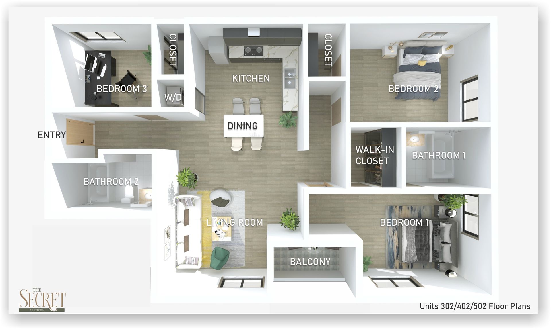 The Secret at K-Town's Spacious 3-bedroom floor plan with in-unit laundry and private balcony