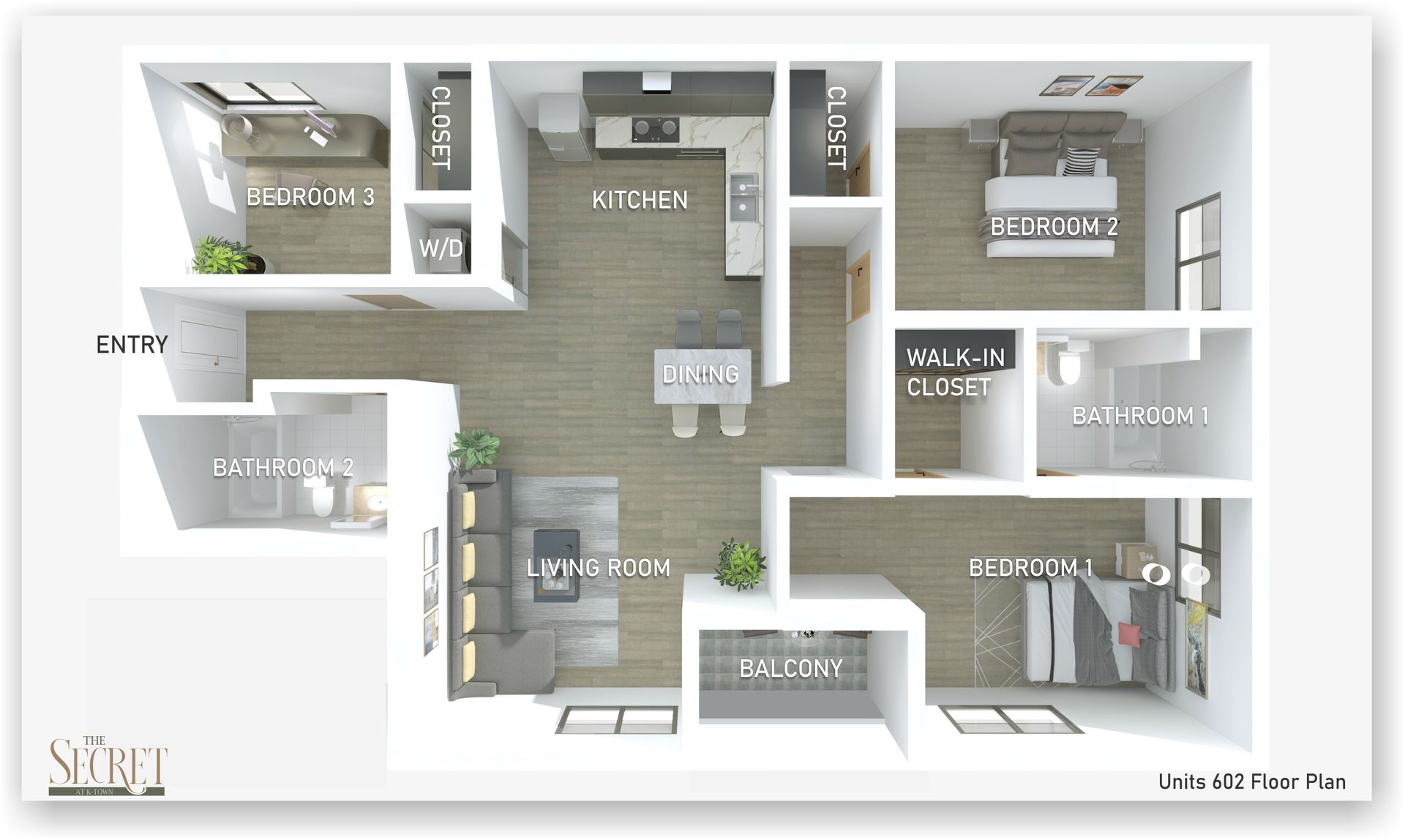 A gorgeous 3-bedroom floor plan showing the spacious living area, rooms and balcony in The Secret at K-Town
