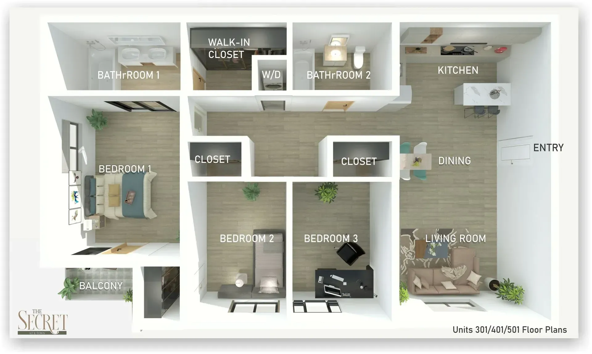 a digitally staged 3d floor plan of a 2-bedroom unit at the mix apartments in toluca lake