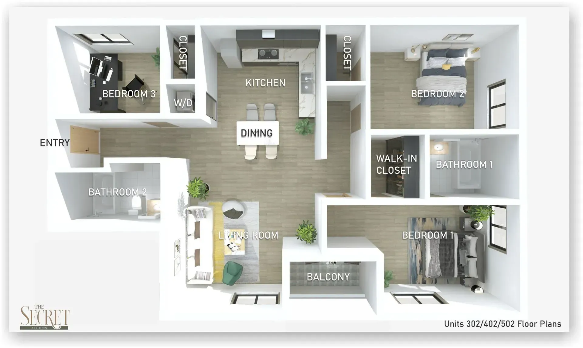 a digitally staged 3d floor plan of a 3-bedroom unit at the secret in k-town apartments