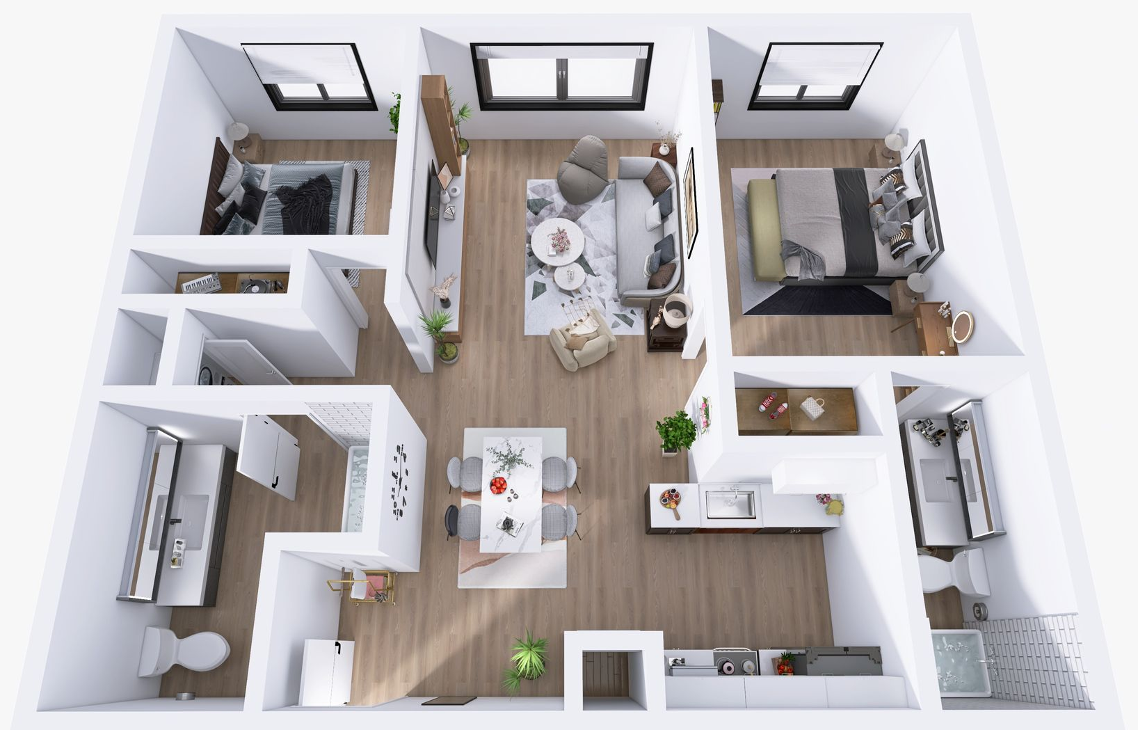 Top view 3D floor plan of a 1 bed, 1 bath unit at the Mix, showing unit floor finishing, appliances and fixtures
