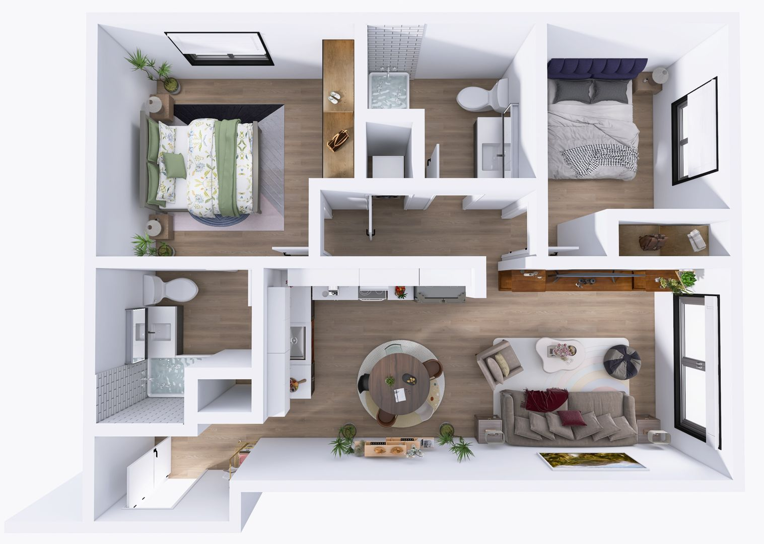 Top view floor plan of a 1 bed, 1 bath The Magnolia unit at The MIX, showing unit floor finishing, appliances and fixtures