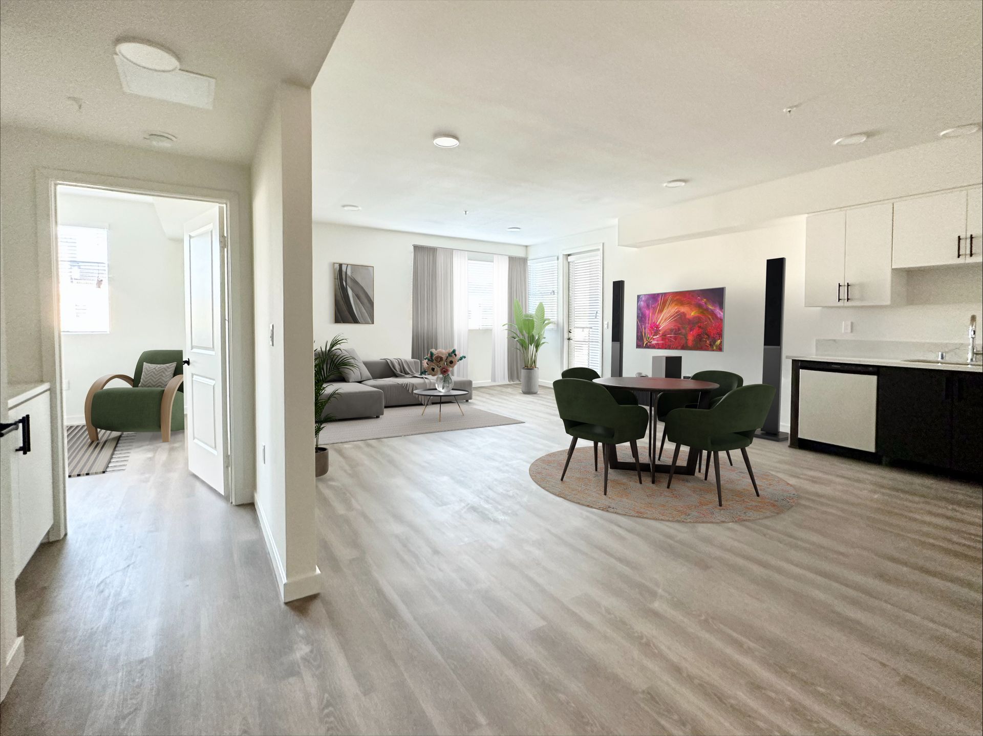 Photo showing the spacious and bright living and dining areas at The MIX Luxury Apartments in West Toluca Lake