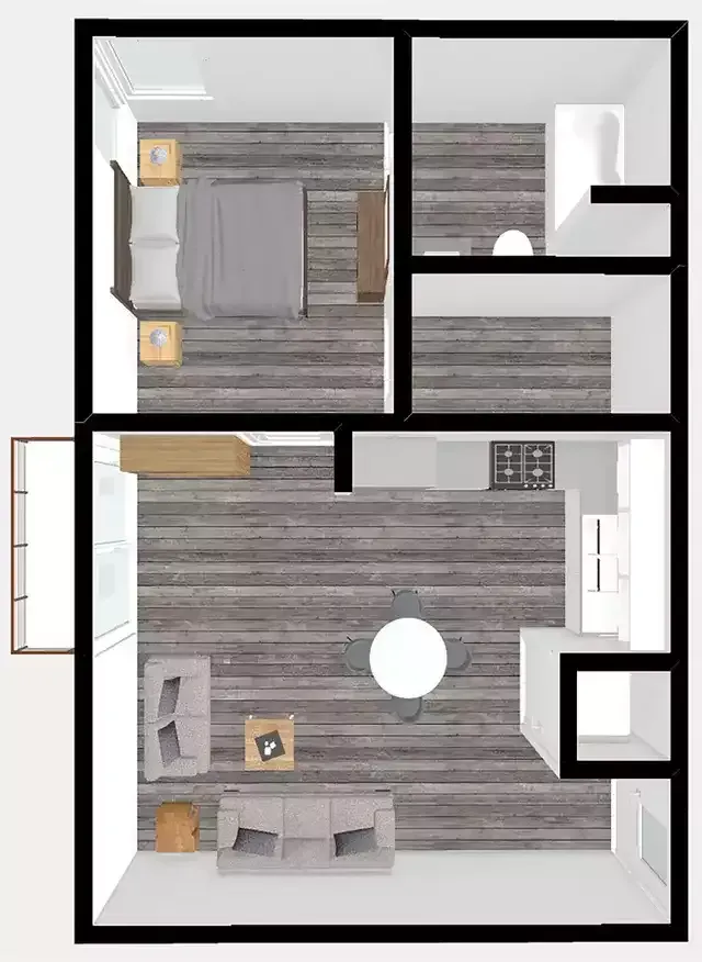 a digitally staged and 3D rendered top view image floor plan of Unit B at The Centennial