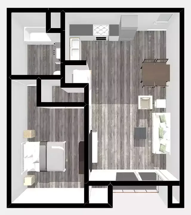 image of a digitally staged and 3D rendered top view floor plan of Unit A of The Centennial Apartments