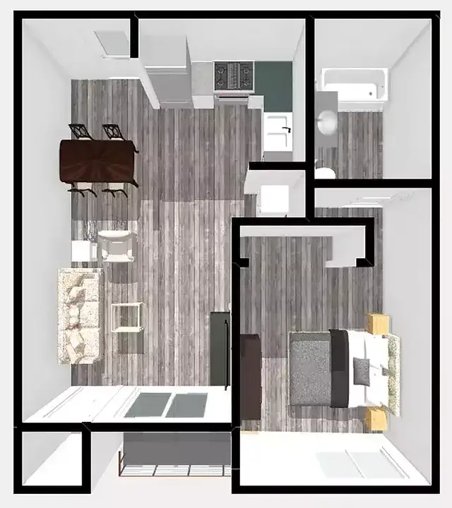 The Centennial Apartments 3D Rendered Top View Floor Plan of Unit A3 by Sky Properties Inc. in Toluca Lake