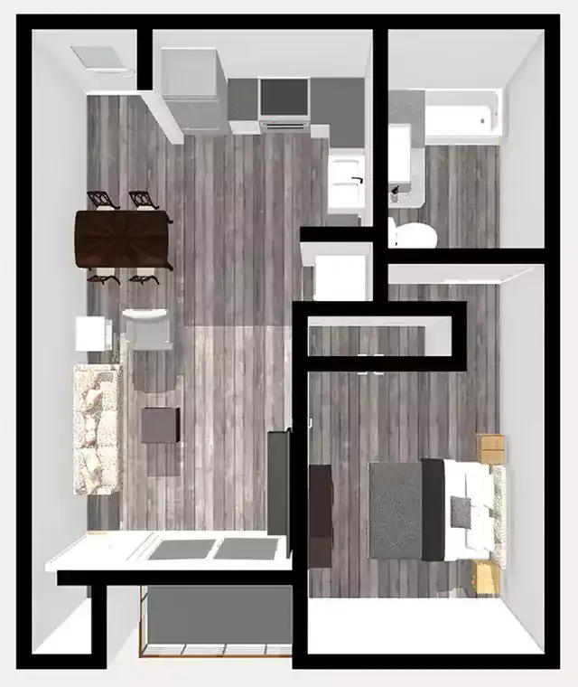 a digitally staged and 3D rendered top view image floor plan of Unit A4 at The Centennial Apartments