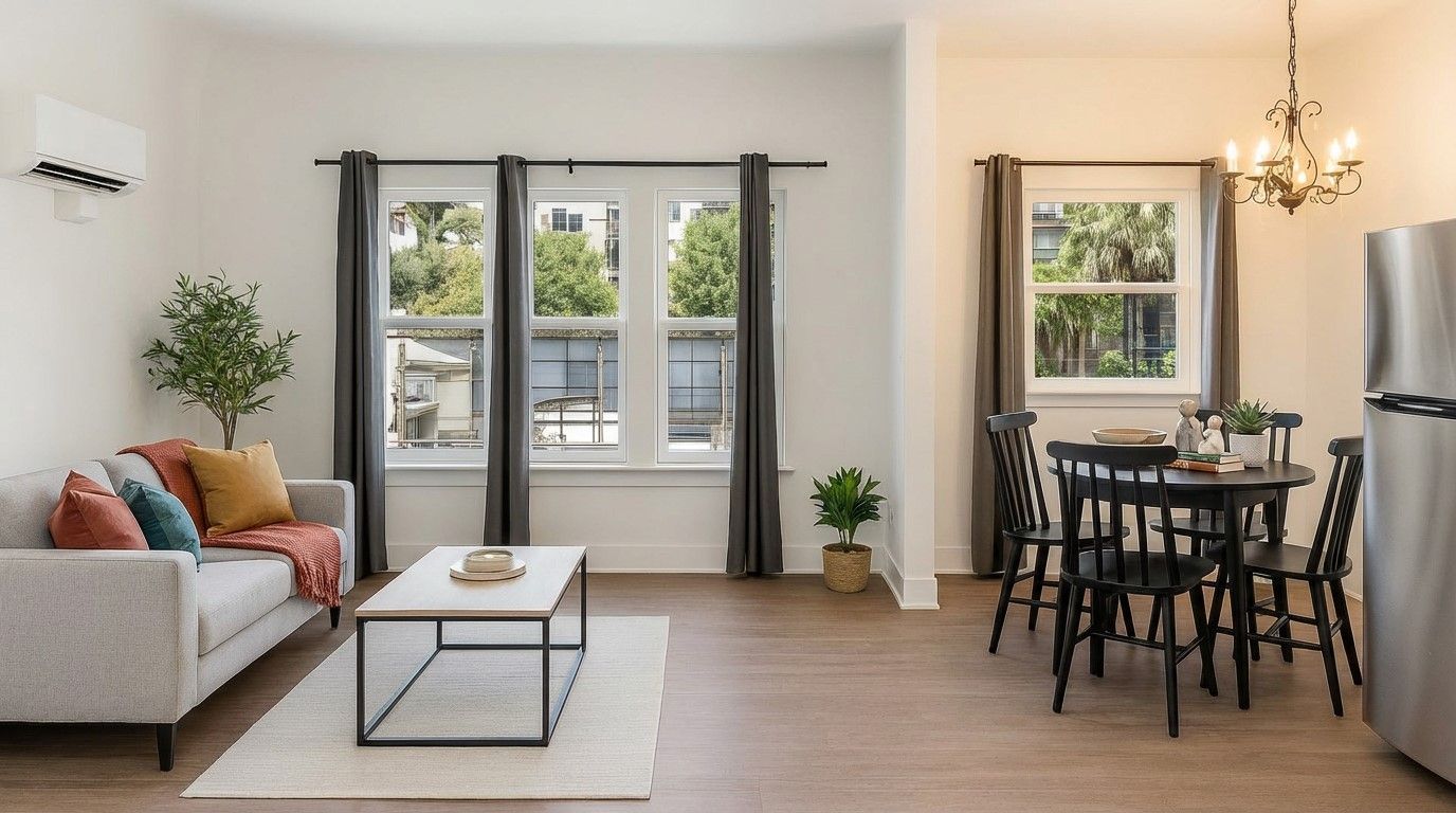 interior photo of the Ansley apartment units showing the vanity and bathroom