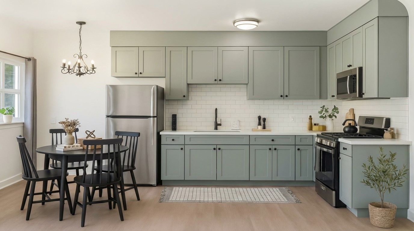 photo of a studio apartment interior showing plank flooring, a ceiling light and balcony